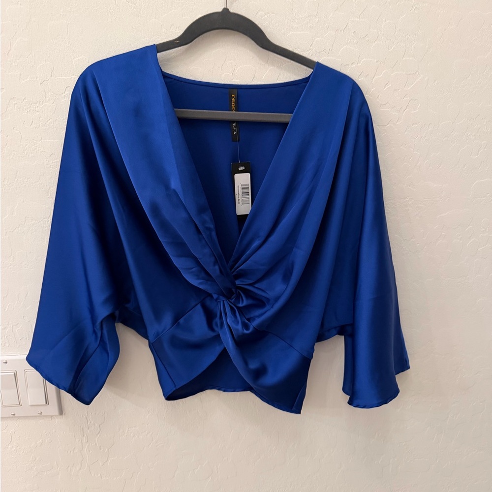 Royal Blue Twist-Front Blouse with Flowy Sleeves – Never Worn Tag On